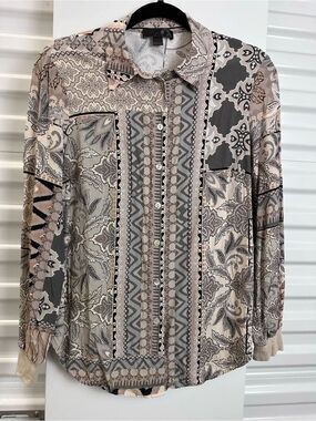 Renuar Neutral Paisley-Geo Button-Down Blouse in Beige, Gray, Black